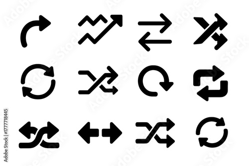 Dynamic Arrow Icons. Solid style icons of Arrows movement: curved arrow, zigzag arrows, parallel arrows, diagonal arrows, circular