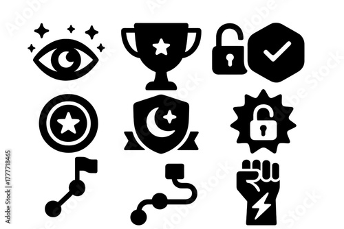Lucid Dreaming Icons. Solid style icons of lucid dreaming success symbols: glowing eye in stars, dream trophy glyph, control