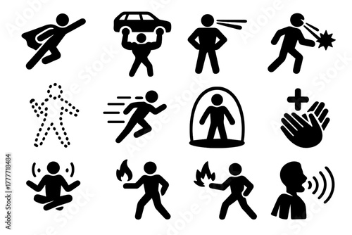 Superpower Icons. Solid style icons of Superpowers: flight, super strength, laser eyes, invisibility, speed dash, energy blast,