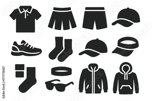 Tennis Apparel Icons. Solid style icons of Tennis apparel: polo shirt, tennis skirt, shorts, sneakers, socks, cap, visor,