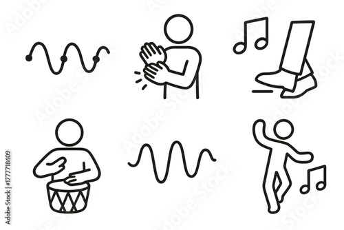 Rhythm and Movement Icons. Line style icons of rhythm and movement: rhythm path icon, body percussion task, beat and step icon,