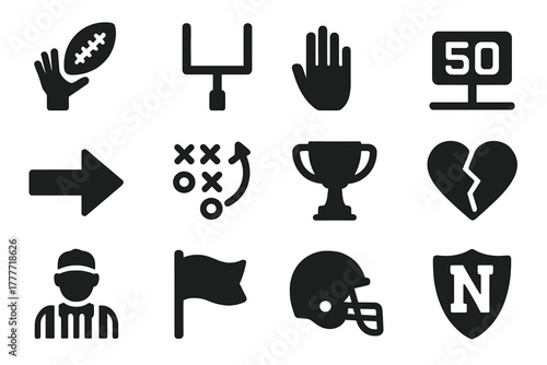 Football Icon Set. Solid style icons of Football symbols: touchdown icon, field goal icon, penalty icon, yard line icon,