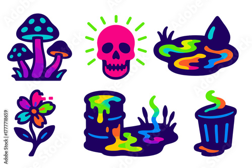 Iridescent Toxic Beauty. Solid style icons of toxic beauty: glowing mushrooms, radiant decay, luminous oil slicks. Colorful