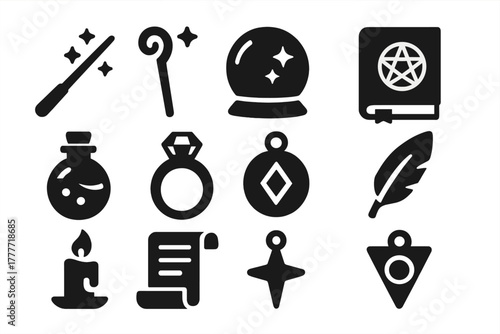 Spellcasting Icon Set. Solid style icons of Spellcasting items: wand, staff, crystal ball, spellbook, potion, ring, amulet,