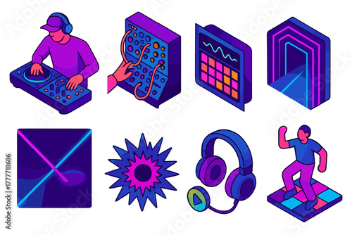 Vibrant Music Icons. Isometric vector illustration set Musical genres – techno DJ, modular synth, beat grid; neon tunnel, laser