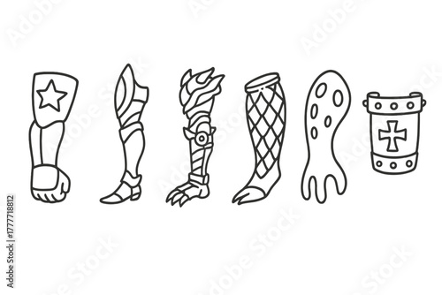 Line Art Prosthetic Icons. Line style icons of prosthetic limbs for cosplay and performance: superhero-style arm, fantasy-themed