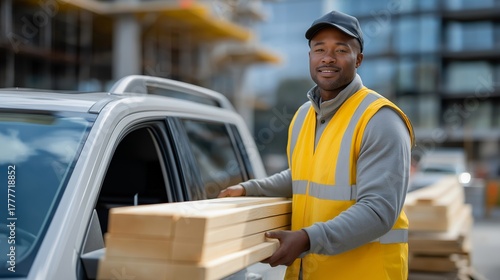 A delivery worker loading purchased construction materials into a customer’s vehicle, symbolizing logistics, retail efficiency, and the seamless connection between purchase and project execution.