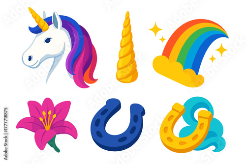 Mythical Unicorn Icons. Isometric vector illustration set Mythology and folklore – unicorn head, spiraled horn, flowing mane; hoof