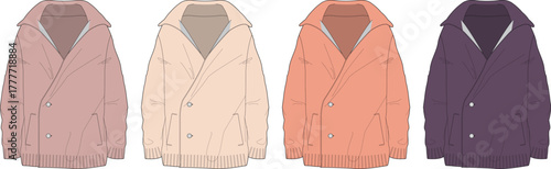 Fashion concept of a modern hooded jacket in multiple colors muted pink, beige, orange, and purple. Versatile casual outerwear designs for seasonal wardrobes