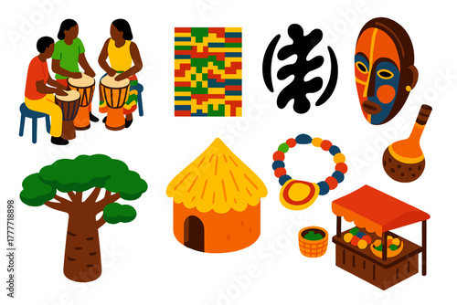 African Cultural Icons. Isometric vector illustration set Cultural heritage – African drum circle, kente cloth, adinkra symbol;