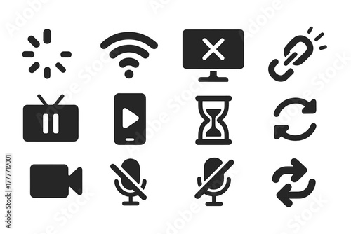 Streaming Control Icons. Solid style icons of streaming control: buffering wheel, signal waves, stream interrupted, connection