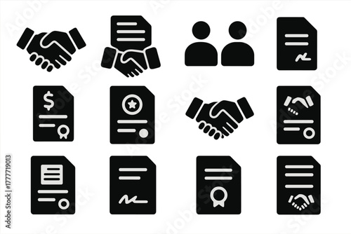 Agreement Icons. Solid style icons of Agreements: handshake, handshake with paper, two people deal, signed agreement, trade