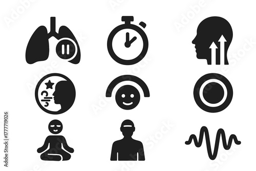 Breath Control Icons. Solid style icons of breath-hold training: lungs with pause glyph, apnea breath timer, CO2 tolerance icon.
