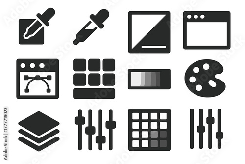 Digital Design Icons. Solid style icons of Digital design: color picker tool, eyedropper icon, gradient editor, design app window,