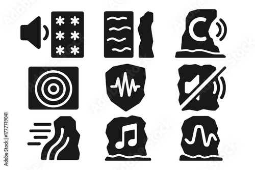 Sound and Ice Icons. Solid style icons of sound + ice interactions: speaker near frost panel, vibration carving icon, echo in