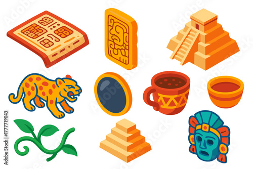 Mayan Cultural Heritage Icons. Isometric vector illustration set Cultural heritage – Mayan codex page, stela glyph, pyramidal