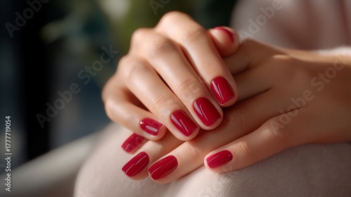 A close-up of well-groomed hands applying red nail polish, symbolizing elegance, classic beauty, and timeless fashion in modern nail art culture. cinematic color correction, gentle backlight, clean