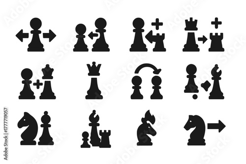 Chess Action Icons. Solid style icons of Chess actions: move, capture, castle, check, checkmate, promotion, en passant, pin, fork,