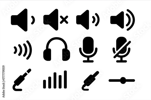 Volume Control Icons. Solid style icons of volume controls: speaker loud, mute speaker, low volume, medium volume, high volume,