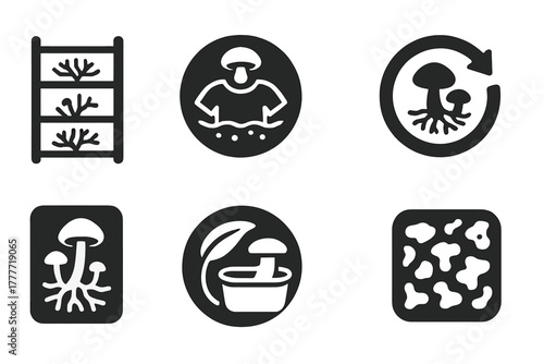 Fungal Fashion Icons. Solid style icons of fashion production from fungi: mycelium growing rack icon, garment vat badge, organic
