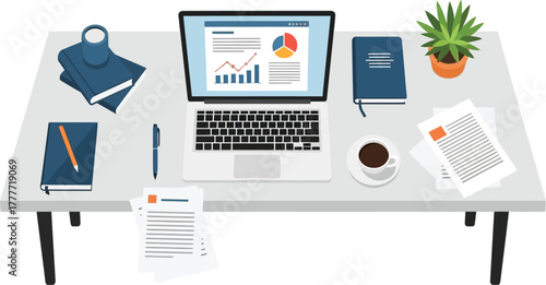 Desk with laptop, notebook, coffee, and plant