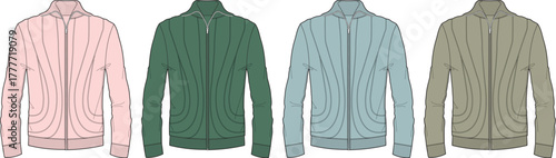 Four track jacket styles in different muted colors, presented as a fashion illustration