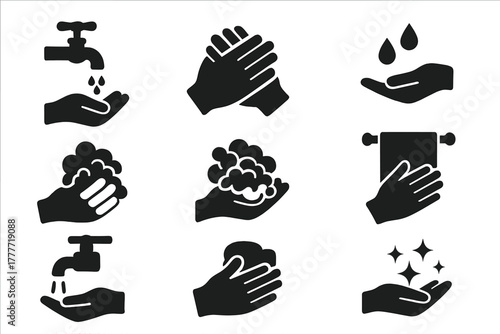 Hand Hygiene Icons. Solid style icons of Washing hands: hand under tap, rubbing hands, water splash, soap lather, drying hands,