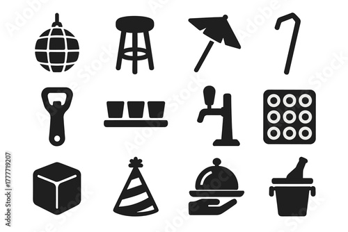 Party Bar Icons. Solid style icons of party bar items: disco ball, bar stool, cocktail umbrella, paper straw, bottle opener, shot