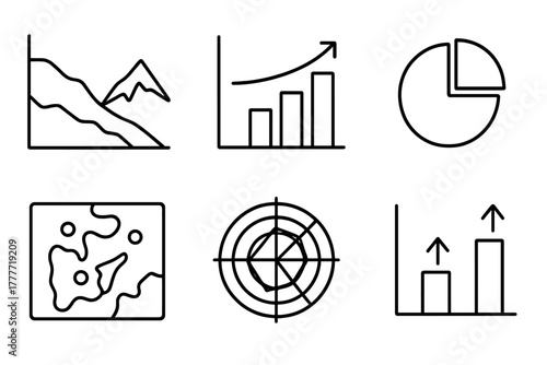 Climate Data Icons. Line style icons of climate data visualization: line graph of glacier retreat, bar chart for melt rate, pie
