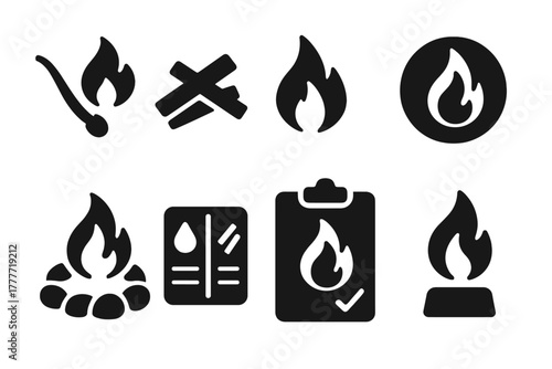 Iconic Fire Mastery Elements. Solid style icons of fuel and fire mastery: firestarter glyph, dry kindling icon, flame control