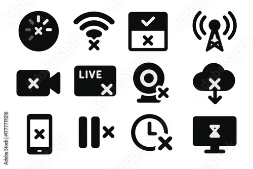 Streaming Icons. Solid style icons of streaming stop: buffering failed, signal lost, connection ended, broadcast off, video feed