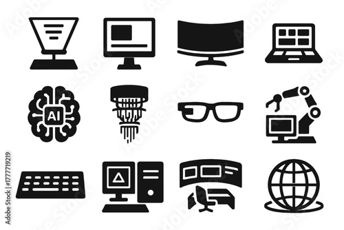 Futuristic Tech Icons. Solid style icons of futuristic computers: hologram screen, transparent display, curved ultrawide monitor,