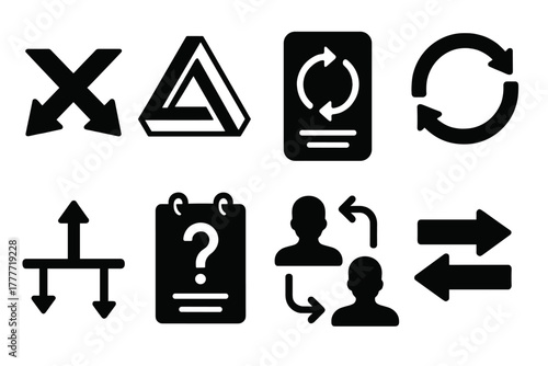 Paradox Icons. Solid style icons of paradox-themed curriculum: contradiction arrows glyph, impossible shape ring, time loop page