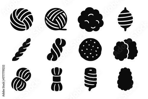 Wool Texture Icons. Solid style icons of Wool textures: thick yarn, thin yarn, fluffy wool, spun wool, textured strand, twisted
