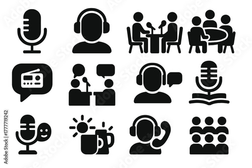 Podcast Show Icons. Solid style icons of podcast and talk shows: podcast mic, host with headphones, guest interview, roundtable