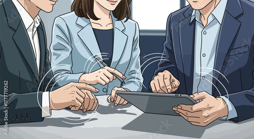 Business professionals discussing a digital presentation on tablet