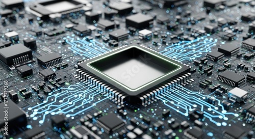 A complex electronic circuit board with a central processor unit (CPU) at its center, surrounded by numerous integrated circuits and electronic components.