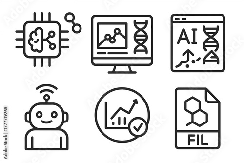 AI in Synthetic Biology. Line style icons of AI in synthetic biology: AI molecule design icon, bioinformatics dashboard, sequence