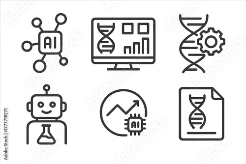 AI in Synthetic Biology. Line style icons of AI in synthetic biology: AI molecule design icon, bioinformatics dashboard, sequence