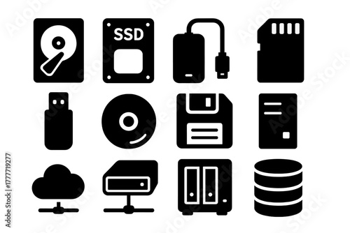 Digital Storage Icons. Solid style icons of Digital storage: hard drive, SSD, external drive, memory card, USB stick, optical disk