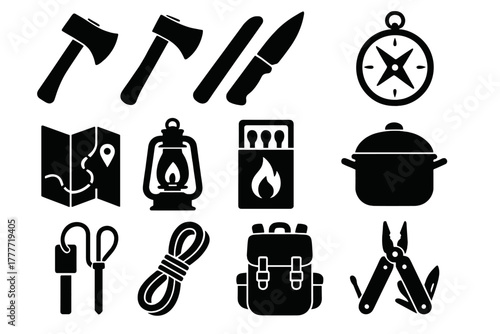 Camping Gear Icons. Solid style icons of Camping tools: axe, hatchet, knife, compass, map, lantern, matches, cooking pot,