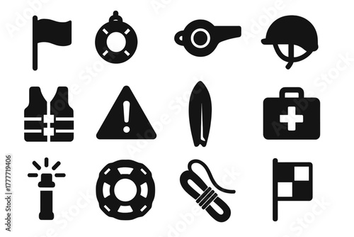 Safety Surf Icons. Solid style icons of Safety and surf signals: lifeguard flag, buoy, whistle, helmet, life vest, warning sign,