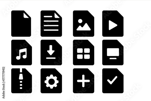 File Organizer Icons. Solid style icons of File organization: document, text file, image file, video file, audio file, PDF file,