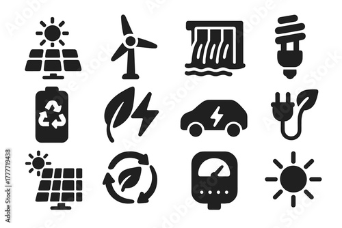 Sustainable Energy Icons. Solid style icons of Sustainable energy: solar panel, wind turbine, hydroelectric dam, energy saving