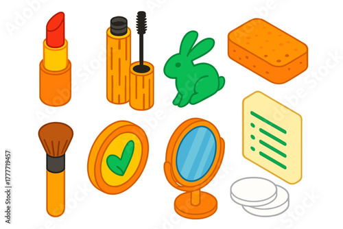 Cruelty-Free Makeup Icons. Isometric vector illustration set Ethical shopping – cruelty-free lipstick, bamboo mascara, soap bar;