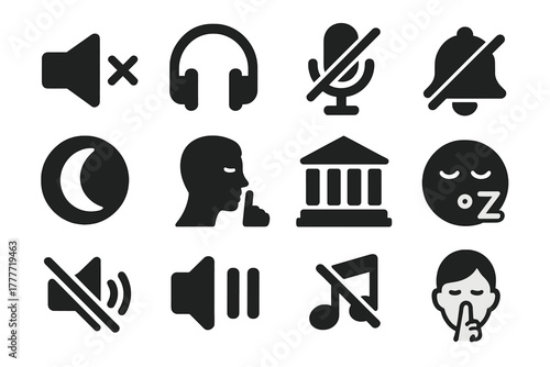 Silence Icons Collection. Solid style icons of silence and mute: speaker with cross, headphone off, microphone muted, bell crossed