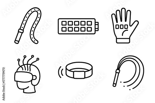 LED Gear Icons. Line style icons of experimental LED gear: bendable LED wand, pixel matrix strip, light glove, fiber light helmet,