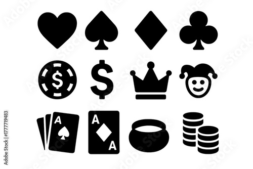 Poker Icons Collection. Solid style icons of Poker symbols: heart icon, spade icon, diamond icon, club icon, chip icon, dollar