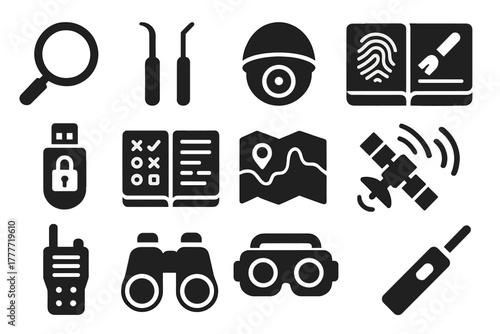 Espionage Tools Icons. Solid style icons of Espionage tools: magnifying glass, lockpick, hidden camera, fingerprint kit, encrypted