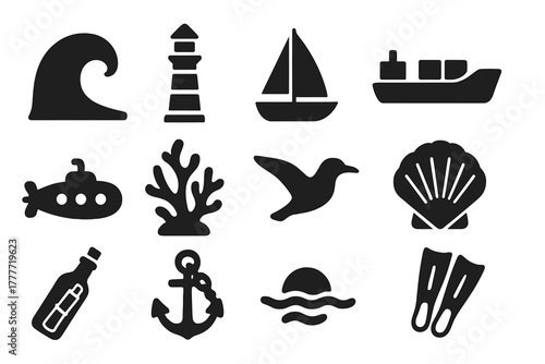 Solid Ocean Icons. Solid style icons of ocean: big wave, lighthouse, sailboat, cargo ship, submarine, coral reef, seagull,